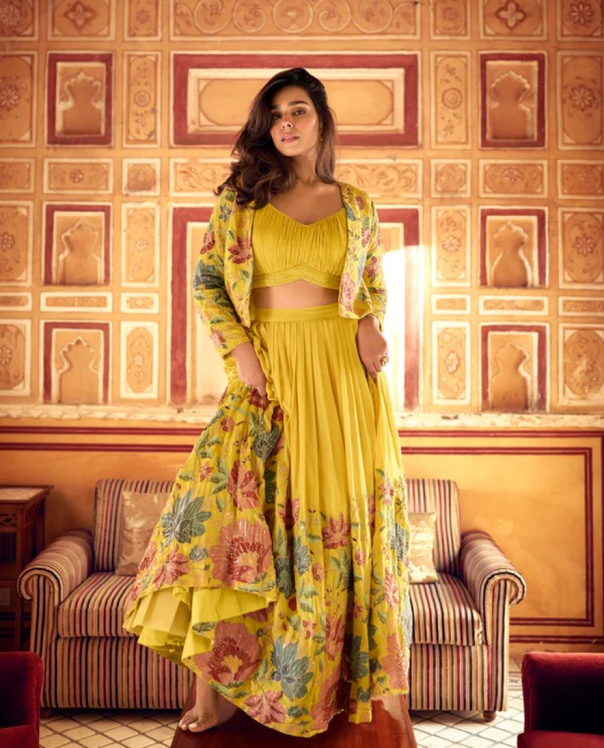 5434 - Yellow Floral Print Jacket Style Lehenga 